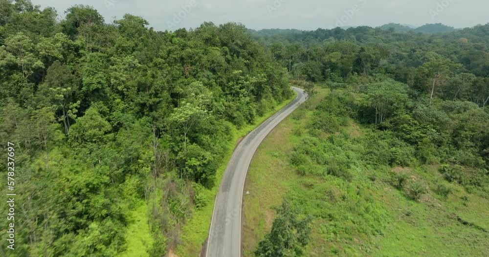 Aerial.Road running through a tropical rainforest.Deforestation.Climate Change