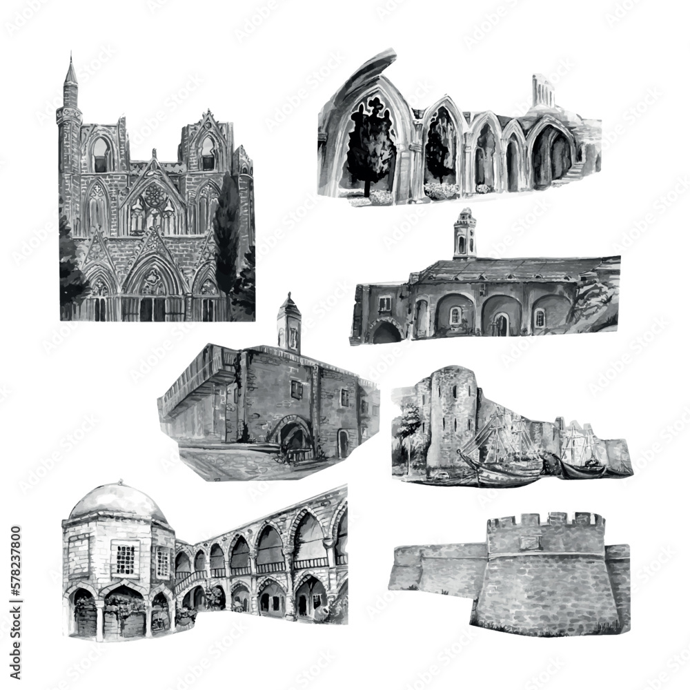 Collection vector drawing of Cyprus Landmarks.