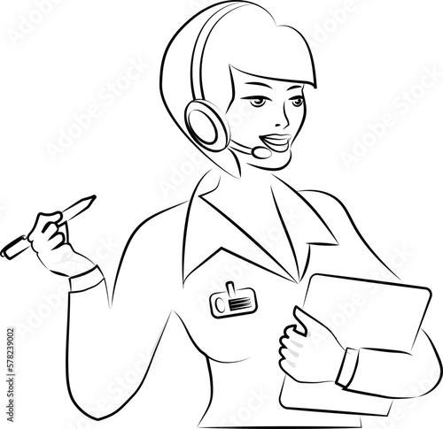 Young attractive girl call center operator. Cartoon. Black contour with thinning.