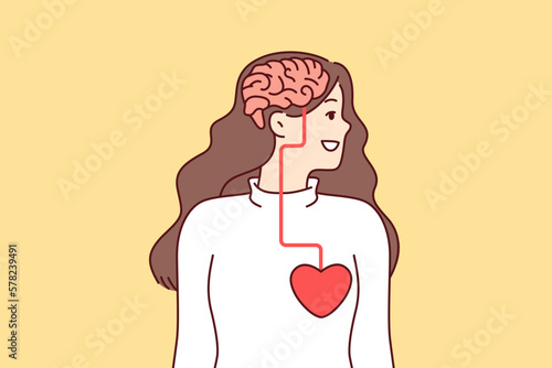 Woman looking away with visual demonstration of connection between brain and heart influencing person decision. Anatomical features of structure of body of woman for educational literature for doctors