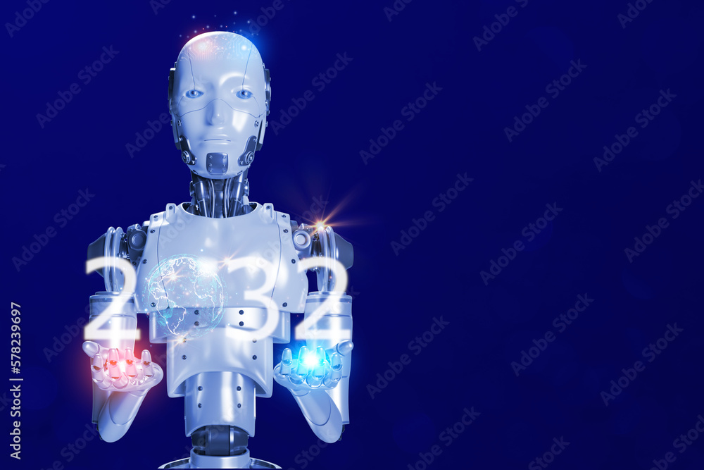 AI artifical intelligence with world element sign and year 2032 starting robotic worker isolate on blue , copy space AI artifical intelligence with world element sign and year 2032 starting robotic worker isolate on blue , copy space