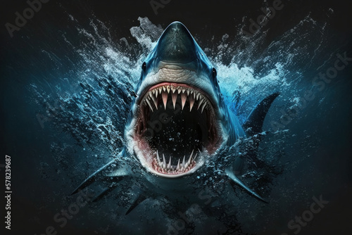 Fototapeta Shark with big teeth and open mouth created using AI generative technology