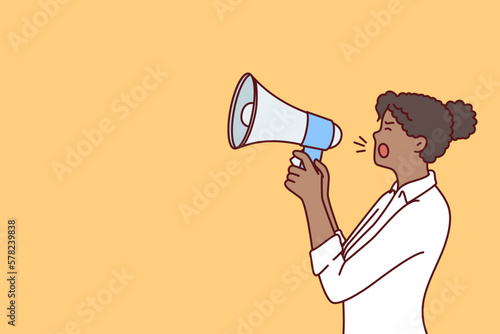 Woman with megaphone shouts loudly to inform others about new profitable promotion for shoppers. Girl with megaphone participates in protest, expressing manifesto for participants in civil action 