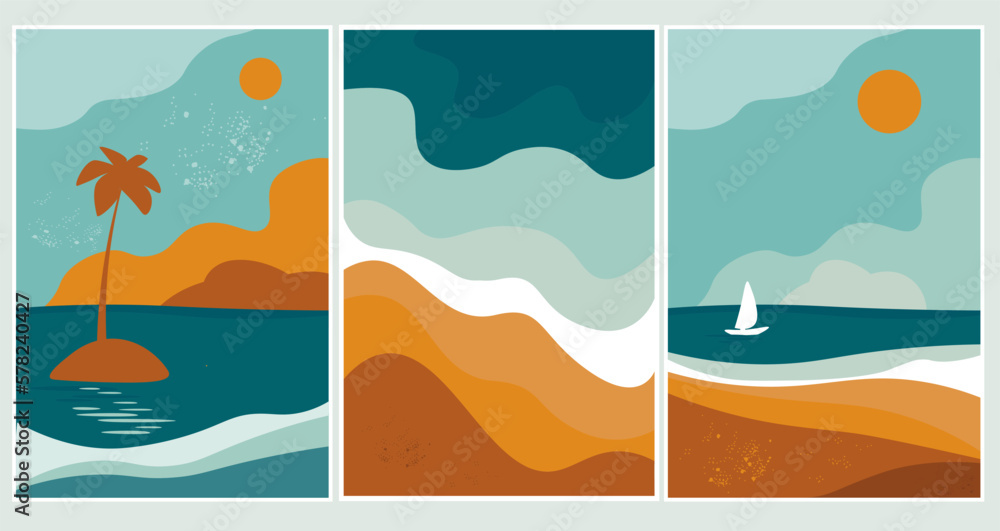 A set of abstract contemporary nature posters. Sea, sand with palm trees, island, boat with sail on the background of sun and clouds. Vector graphics.