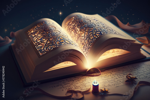 Quran, Koran, Holi book. Abstract Open book in islamic style with magic light on a dark background. Generative ai illustration. Reading Coran. Eid Mubarak Ramadan Kareem wallpaper photo