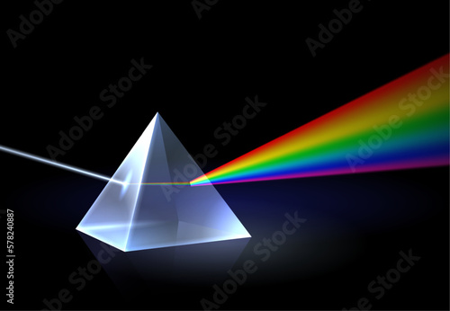 Dispersion of light by prism. Ray to rainbow colors refraction, optical effect and educational physics vector background illustration