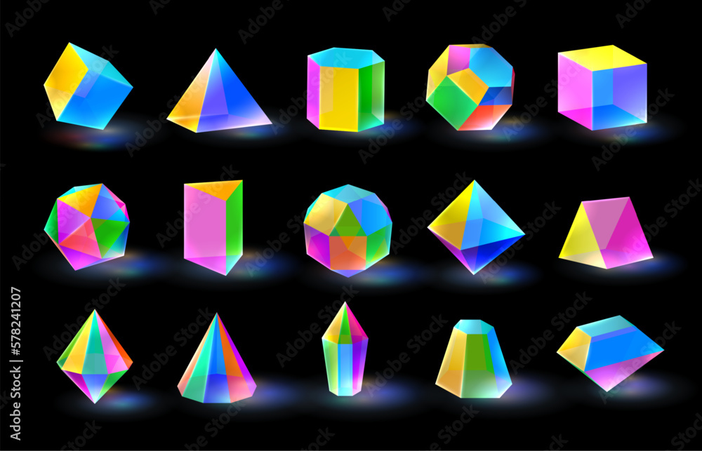 Multicolor diamond crystal shapes. Prism color glass prism different