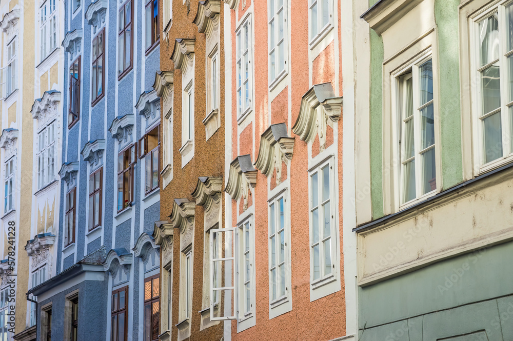 Baroque facades in oldtown Linz, Austria