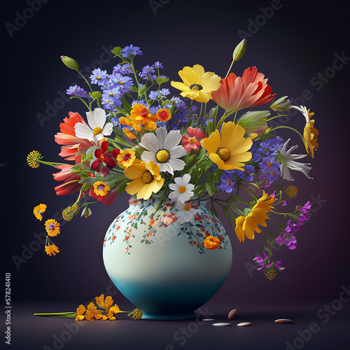 Illustration of colorful spring flower in a pot. Decorative plants concept. Generative AI.