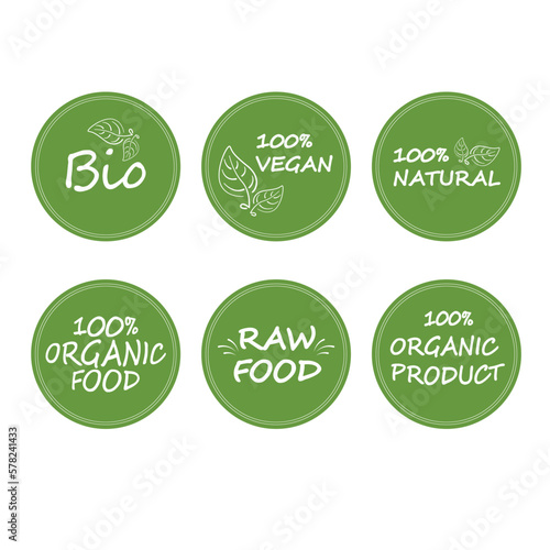 Eco friendly set stamp Green organic vegan plant leaf Raw food vector illustration design