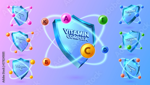 Vitamin shield. Multi-vitamin complex for health protection, label for vitamins A, B, C, D, E and K vector illustration set