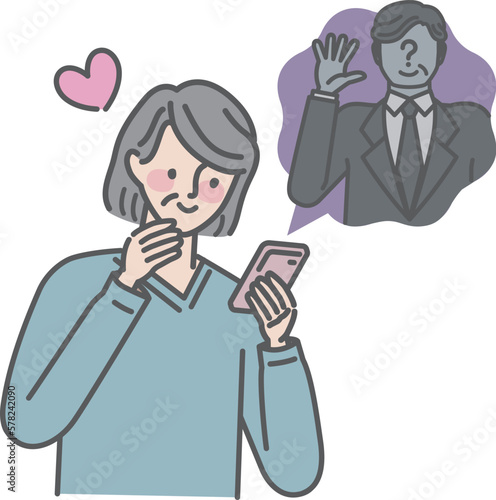 見知らぬ男性とSNSで連絡を取り合うシニア女性