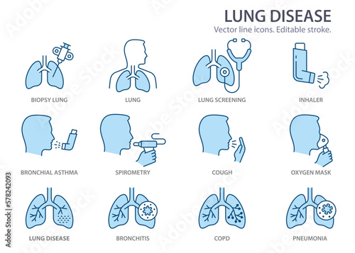 lung disease icons, such as pneumonia, bronchitis, bronchial asthma and more. Vector illustration isolated on white. Editable stroke. Change to any size and any colour.