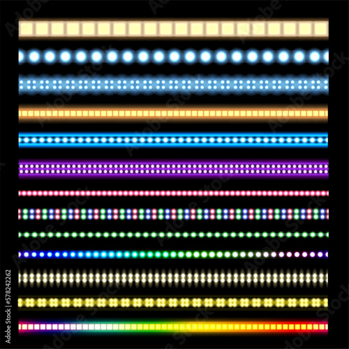 Light stripes. Glowing LED lights on tape, neon glow light effect and seamless garlands border vector set