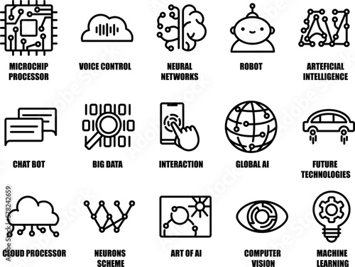Artificial intelligence icon set in line style. Machine learning, robot, neuron networks, cloud computing, digital AI technology for helping human