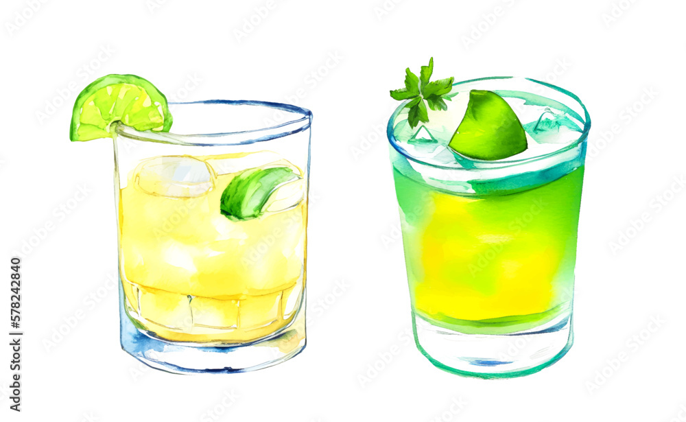 Hand drawn watercolor Set of tropical refreshment cocktails, vector Hand drawn watercolor Set of tropical refreshment cocktails, vector