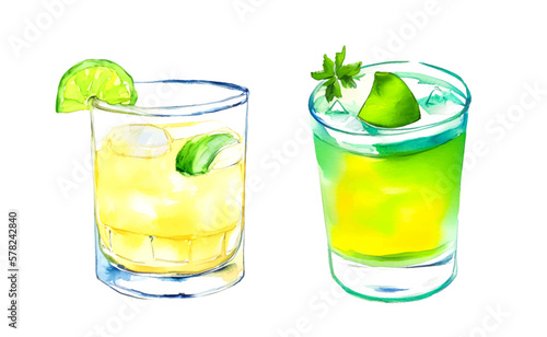 Hand drawn watercolor Set of tropical refreshment cocktails, vector