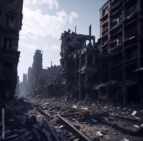 Post-apocalyptic ruined city, created with Generative AI technology