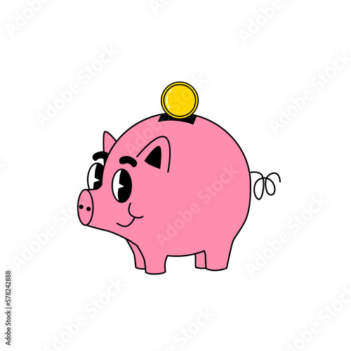 Piggy bank with gold coins. Groovy cartoon style financial illustration about saving money