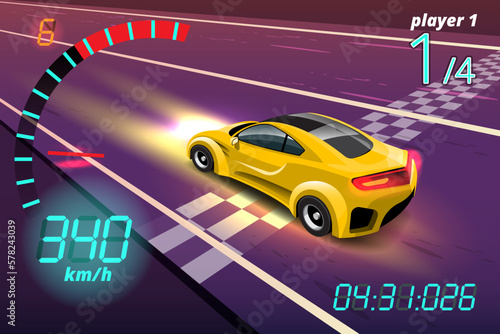 In game competition continue player used high speed car for win in racing game. competition e-sport car racing.