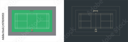 Vector Badminton court Technical Illustration line art  on the blueprint