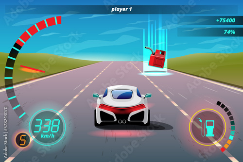 In game competition continue player used high speed car for win in racing game. competition e-sport car racing.