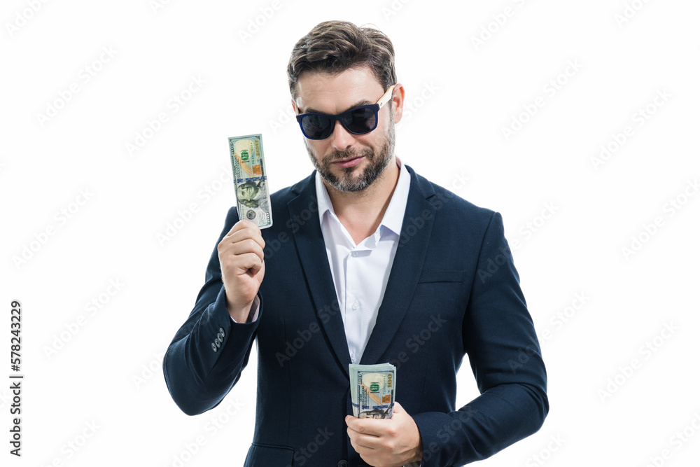 Business man with money banknotes. Male entrepreneur with dollar bills. Lucky boss, insurance agent, manager. Freelancer with cash. Mock up, for white banner with copy space. Business man with money banknotes. Male entrepreneur with dollar bills. Lucky boss, insurance agent, manager. Freelancer with cash. Mock up, for white banner with copy space.