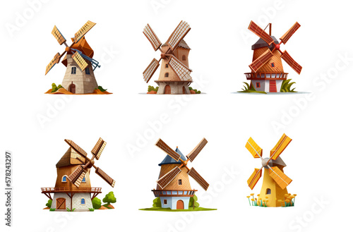 Old windmills, vintage stone and wooden wind mills. Farm buildings for grinding wheat grains to flour. Vector illustration isolated on white background.