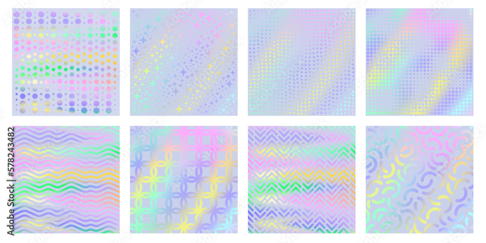 Holographic textures. Magic unicorn holo gradient with geometric patterns, iridescent rainbow colors backgrounds vector set