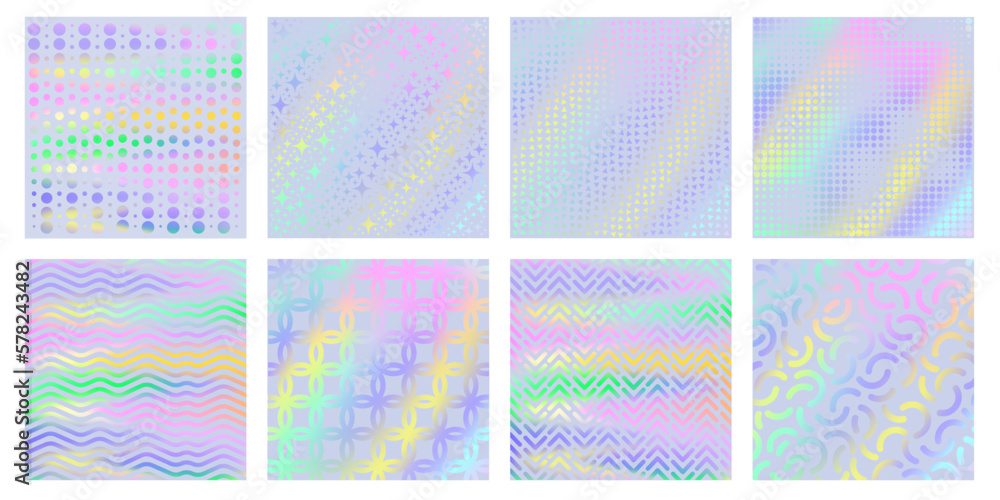Holographic textures. Magic unicorn holo gradient with geometric patterns, iridescent rainbow colors backgrounds vector set Holographic textures. Magic unicorn holo gradient with geometric patterns, iridescent rainbow colors backgrounds vector set