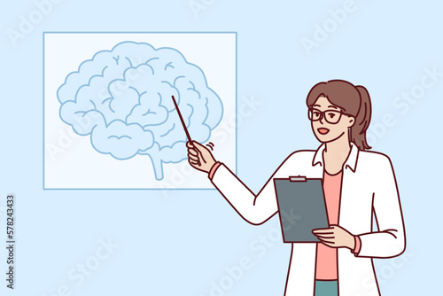 Woman doctor teaches neurology pointing at brain drawing hanging on wall during medical education course. Doctor neurologist shows picture of brain to ask colleagues for advice