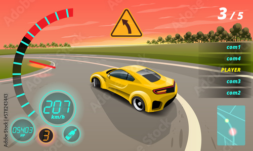 In game competition continue player used high speed car for win in racing game. competition e-sport car racing.