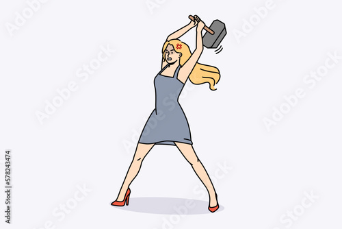 Furious woman with hammer in hands feel powerful and strong. Mad confident female blacksmith on heels holding hammer. Vector illustration. 