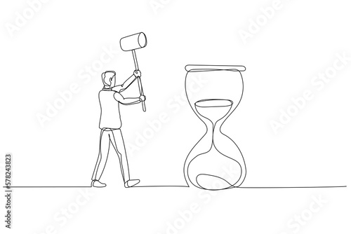 Drawing of businessman with hammer try to hit hourglass. Concept of time management. Single continuous line art style