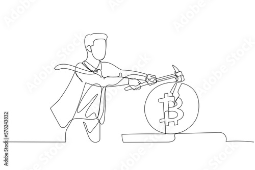 Cartoon of businessman with hammer smashing bitcoin coin. Concept of downfall of cryptocurrency. One continuous line art style
