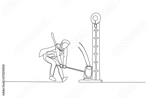 Cartoon of businessman hitting strength measurement tool. Concept of power estimation. One line style art