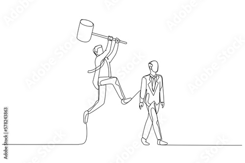 Drawing of businessman try to hit boss. Concept of stress at work. Single continuous line art style