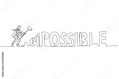Illustration of businessman destry impossible make it to possible. Concept of optimism. Single line art style