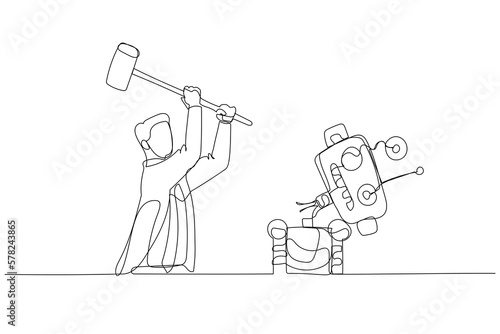 Drawing of businessman destroying robot with hammer. Concept of human resource vs AI artificial Intelligence. Continuous line art