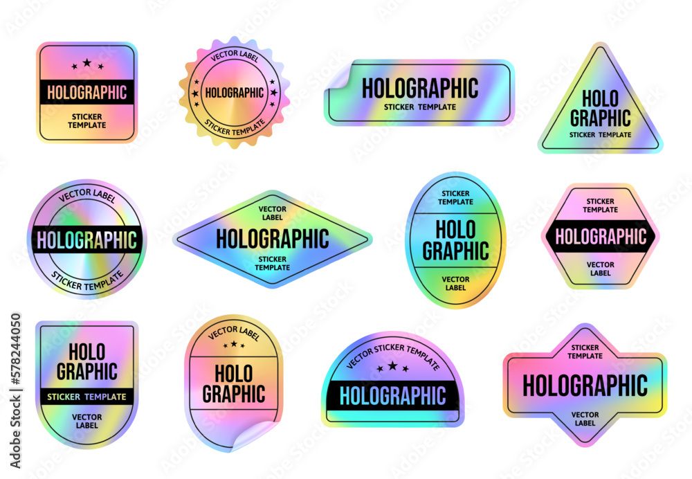 Holographic foil sticker. Holo emblem tags templates with iridescent color gradient, retro 90s vaporwave style labels vector set