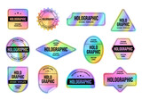 Holographic foil sticker. Holo emblem tags templates with iridescent color gradient, retro 90s vaporwave style labels vector set