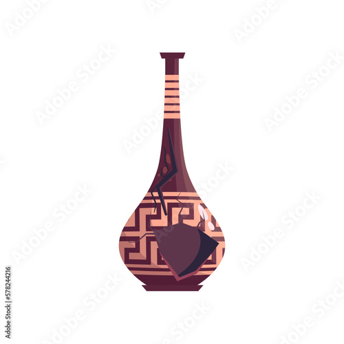 Greek broken vase ancient jar isolated. Ceramic broken vase with greek symbol. Cartoon vector illustration. Pottery jar earthenware antique design.