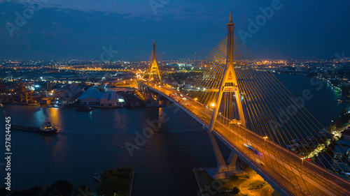 Bridge view from the top view of Thailand, Beautiful bridge, and river landscapes bird's eye view during sunset