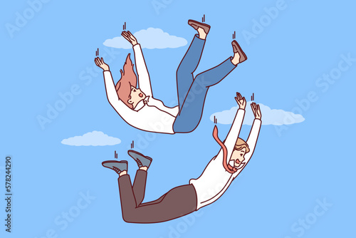 Man and woman in business clothes fall down for concept of employees in corporation or job loss. Colleagues falling among clouds symbolizes recession that caused problems in business and bankruptcy 