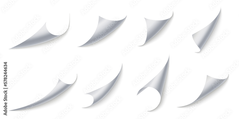 Curled paper corners. Page 3D bent with realistic shadow, curling stickers or document border effect vector set Curled paper corners. Page 3D bent with realistic shadow, curling stickers or document border effect vector set