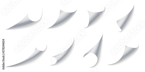 Curled paper corners. Page 3D bent with realistic shadow, curling stickers or document border effect vector set