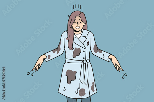 Stressed woman in dirt after fall in puddle. Unhappy distressed girl in dirty clothes suffer from falling in mud. Vector illustration. 