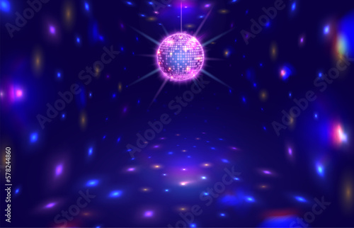Disco ball rays. Dance floor room with mirror ball reflections, night club stage lights and party vector background illustration