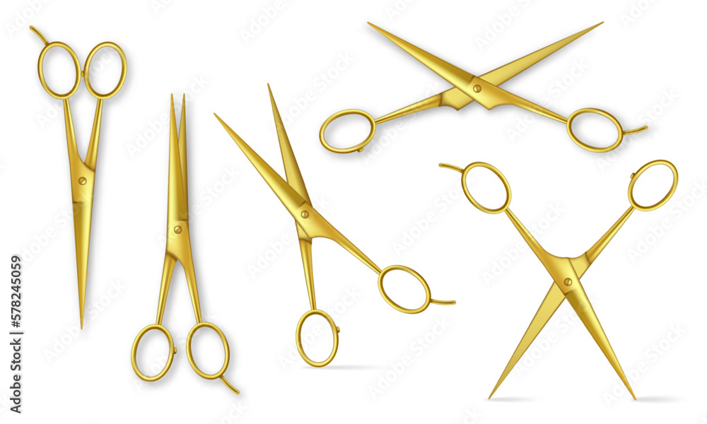 Realistic gold metal scissors. Closed and open stationery or hair salon