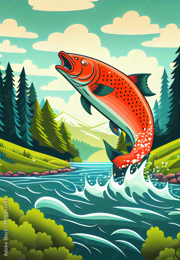 Big Jumping Salmon created with Generative AI Technology